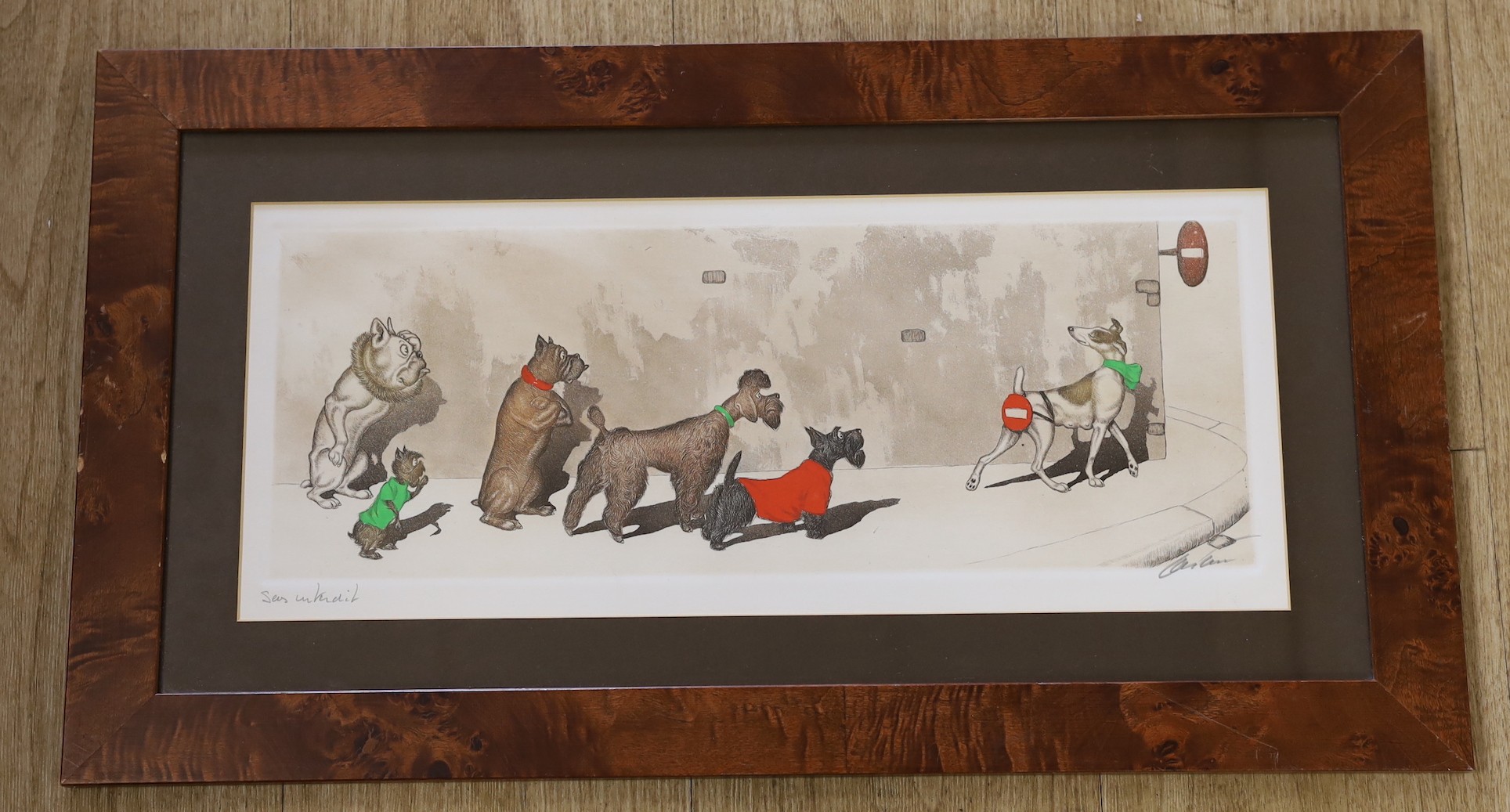 Boris O'Klein (1893-1985), coloured etching, 'Sans Interdit' (No Entry), signed in pencil, overall 19 x 46cm